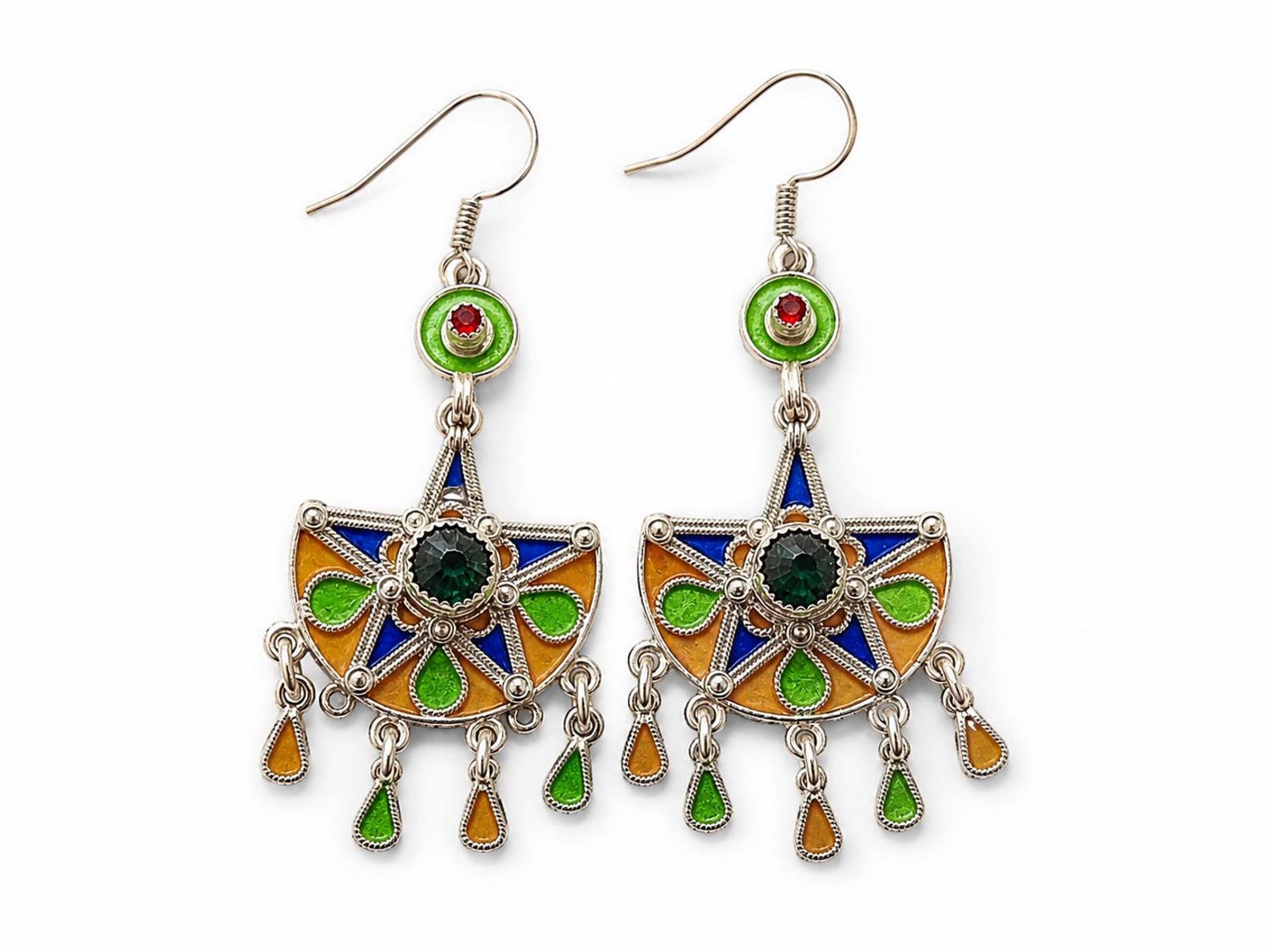 Berber Handmade 925 Sterling Silver Colorful Enamel Dangle Earrings