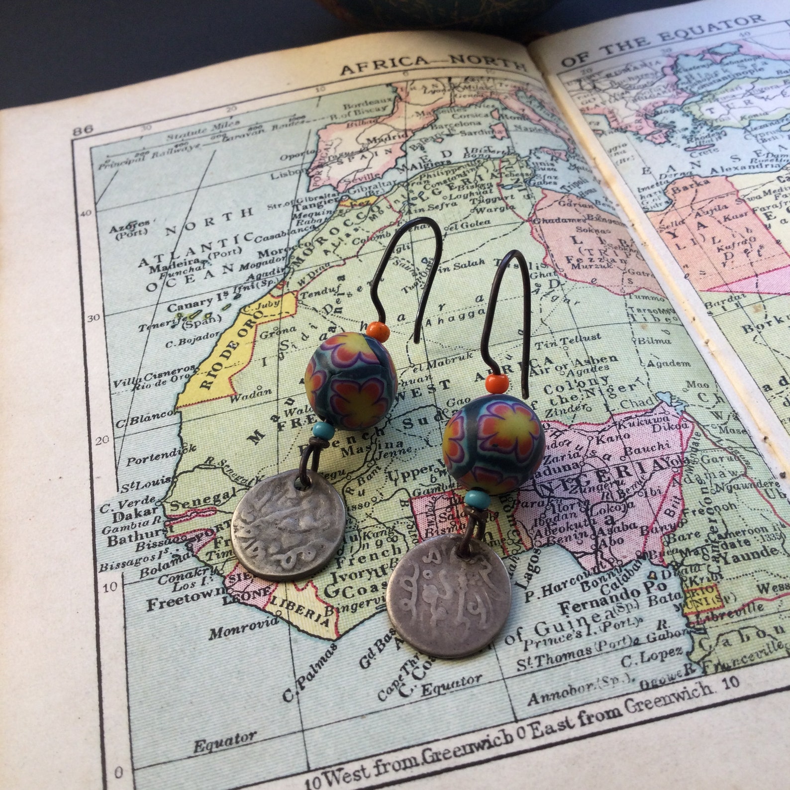 Berber COIN antique coral Venetian beads silver EARRINGS