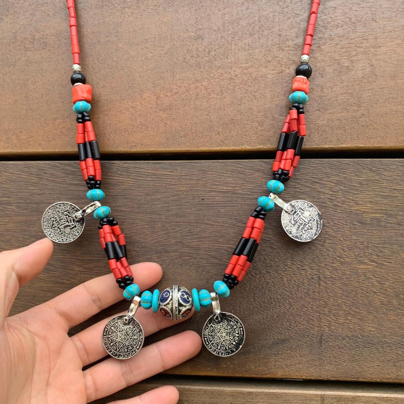 Berber Coral Turquoise Antique Coin Handmade Statement Necklace