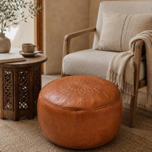 Berber Leather Handmade Cognac Round Ottoman Unstuffed Pouf