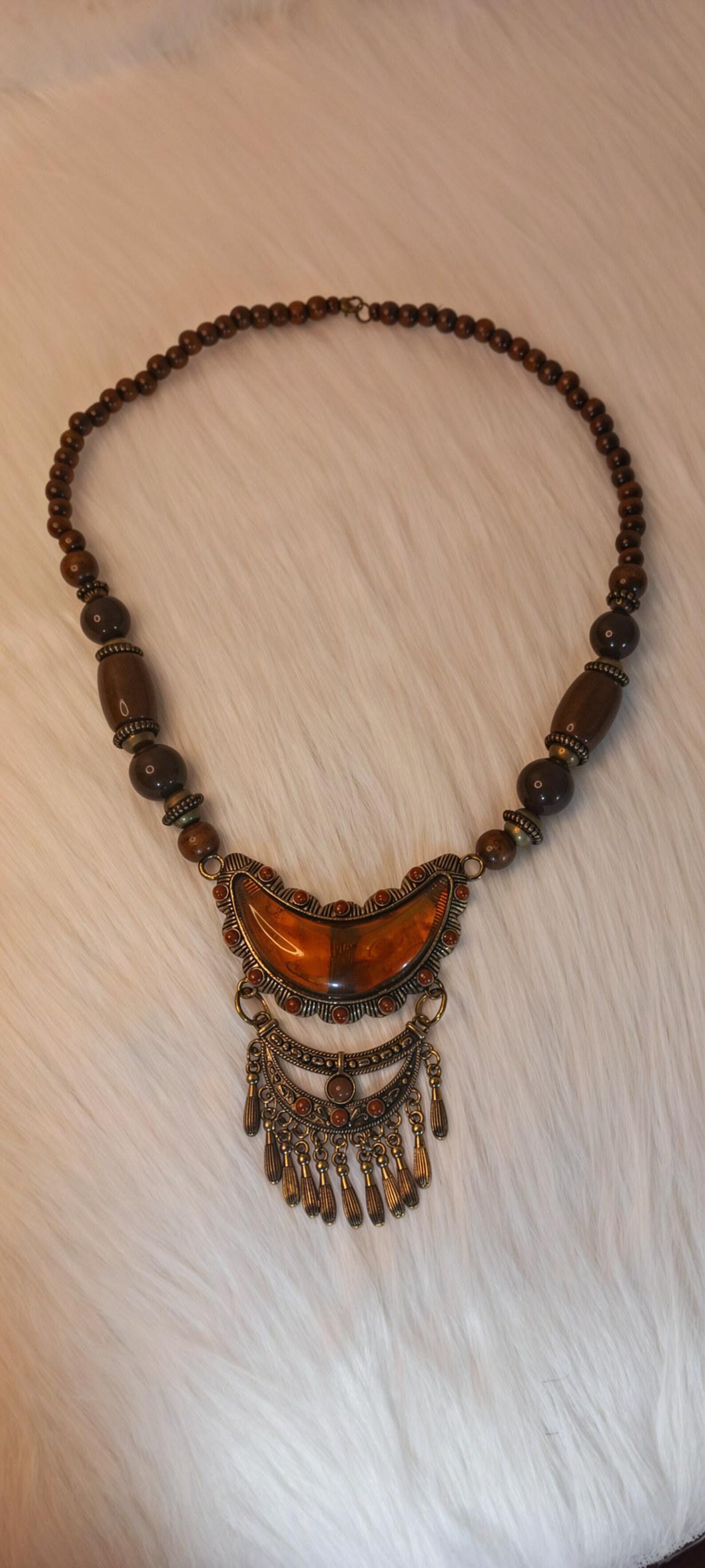 Amazigh Beaded Wood Agate Brass Bohemian Tribal Necklace