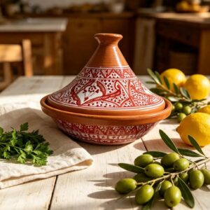 Amazigh Hand-Painted Pink Ceramic Cooking Flame-Proof Tagine 30cm