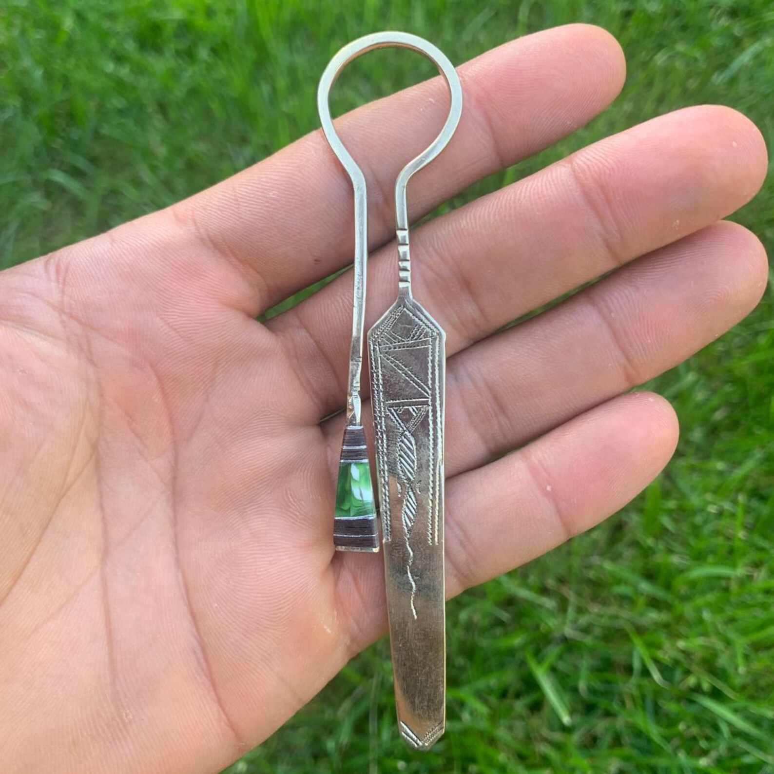 Berber Tuareg Hand-Engraved Metal Bookmark with Green Glass