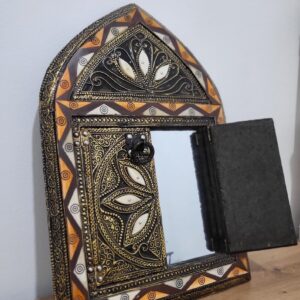 Amazigh Berber Zellige-Style Embossed Brass Mirror with Doors Wall Art