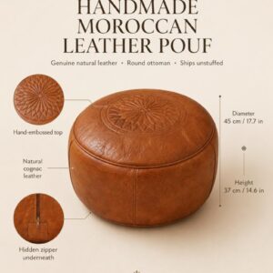 Berber Leather Handmade Cognac Round Ottoman Unstuffed Pouf