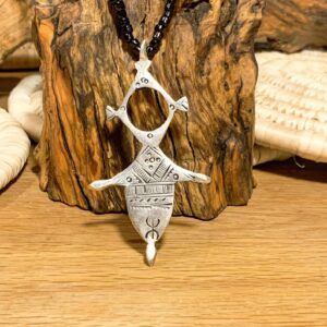 Amazigh Tuareg Symbolic Metal Pendant Necklace with Leather Cord