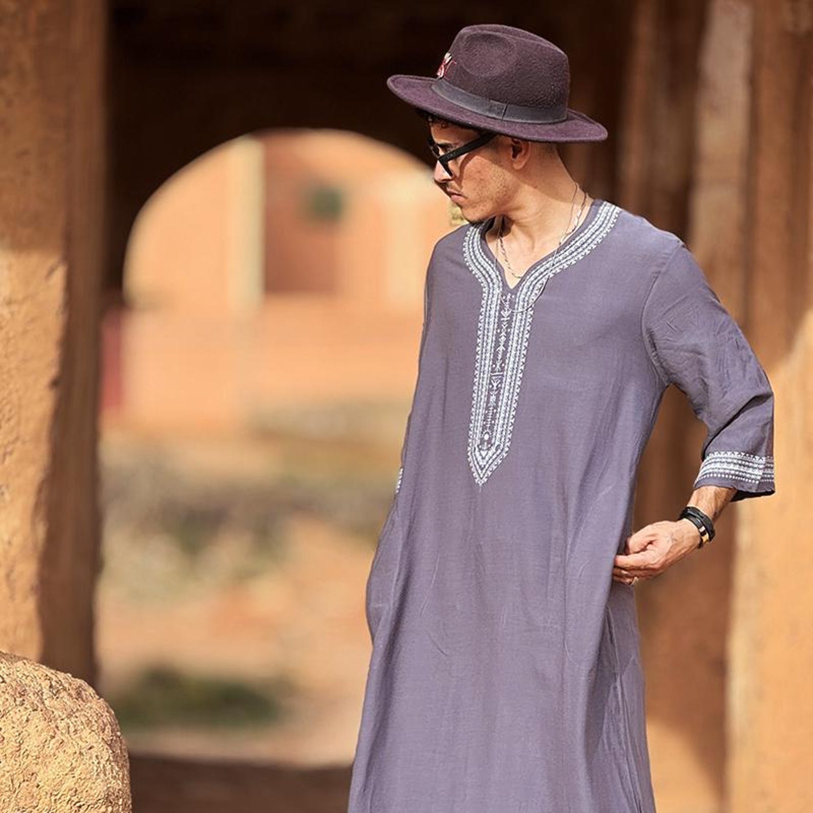 Berber Men Handmade Cotton Screen Printed Gandora Kaftan