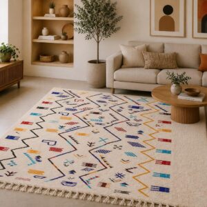 Berber Handmade Colorful Wool White Geometric Carpet Rug