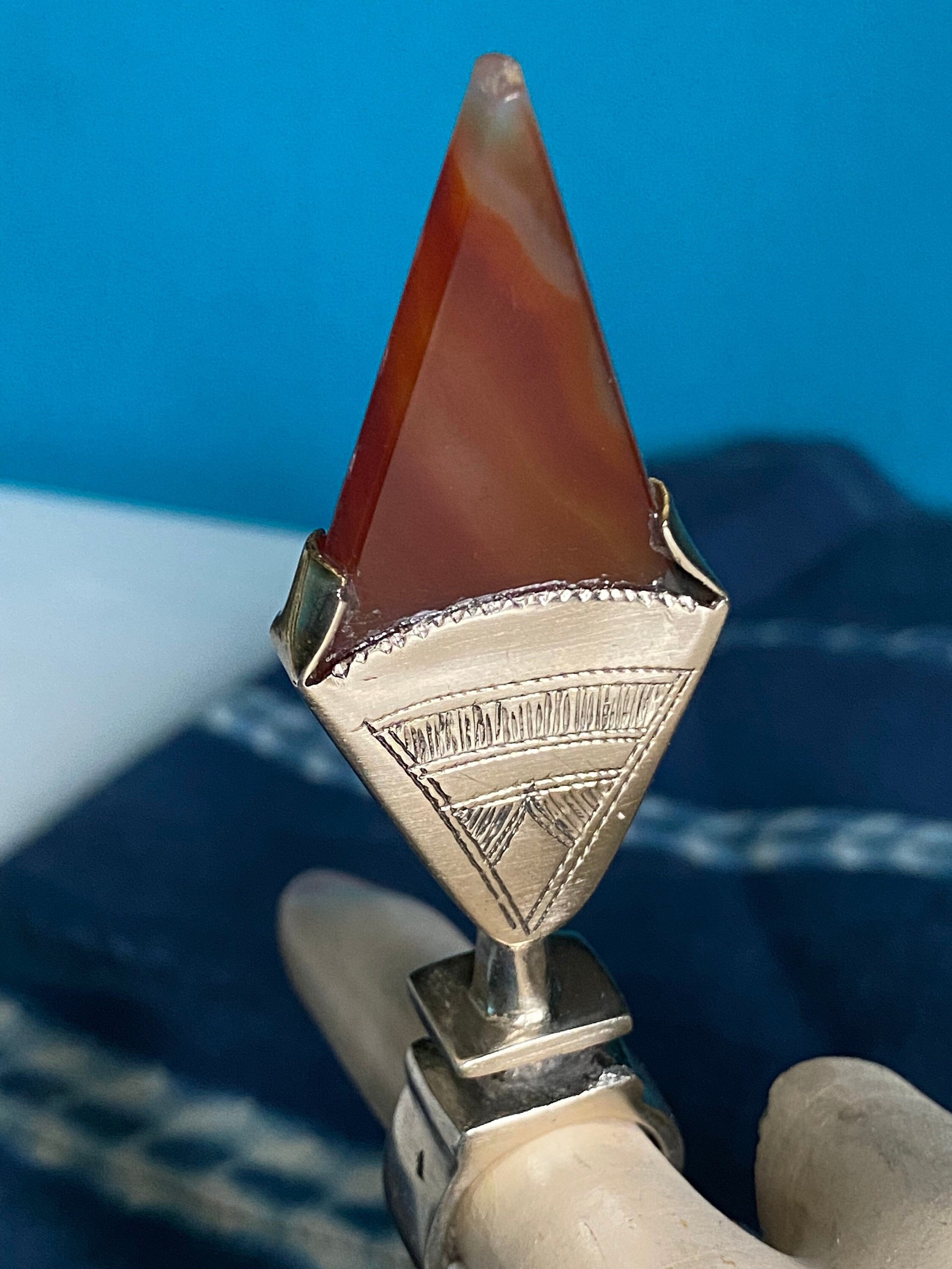 Amazigh Gigantic Carnelian Agate & Silver Tuareg Ring Amulet Hair Ornament Necklace