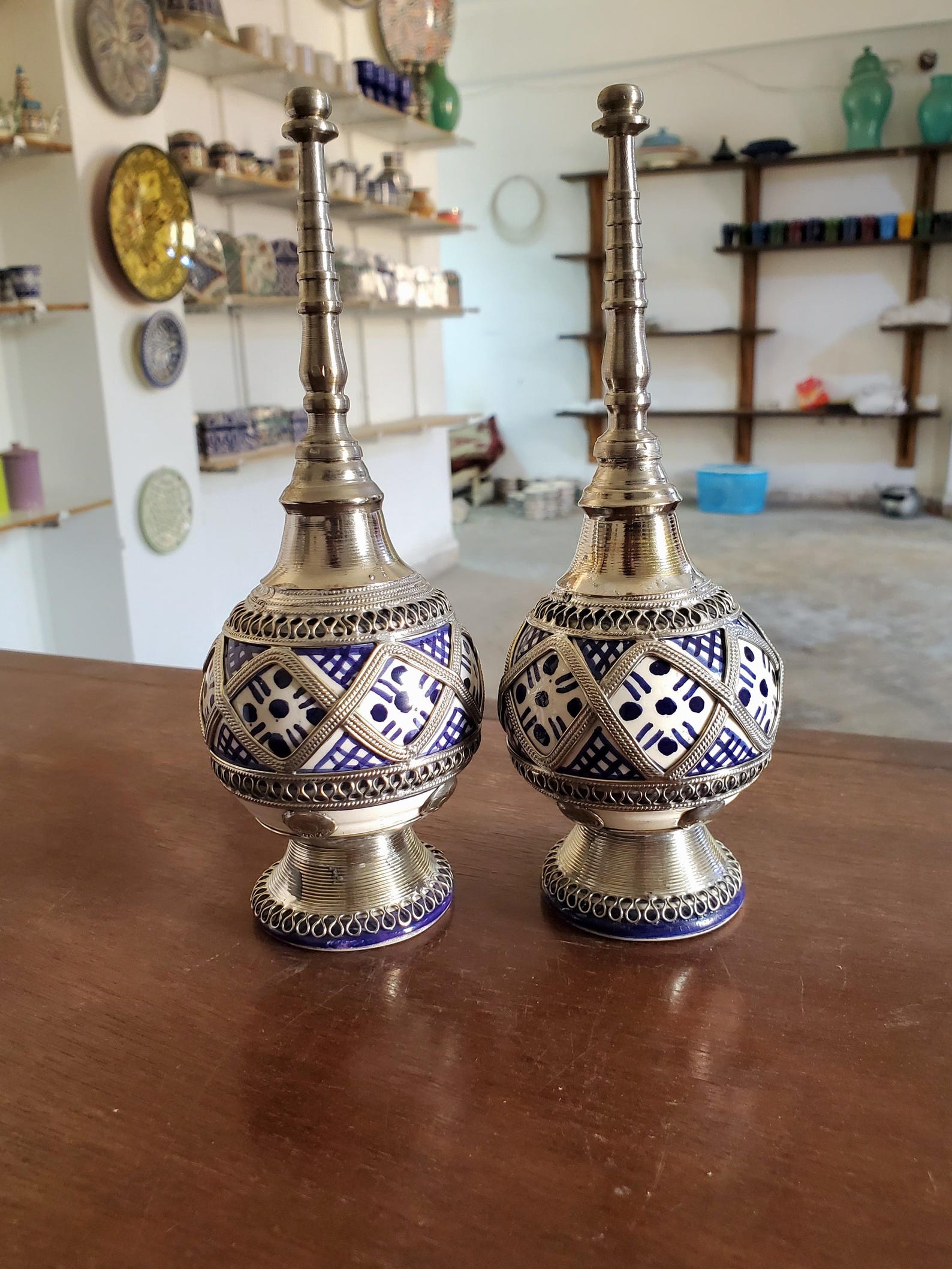 Amazigh White Metal Pottery Perfume Sprayer Set of Two Dispenser
