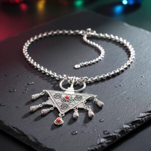 Amazigh Berber Tizerzit Inspired Silver Fibula Red Bead Necklace