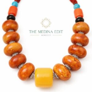Traditional Amazigh Atlas Necklace with Orange Honey and Turquoise Beads