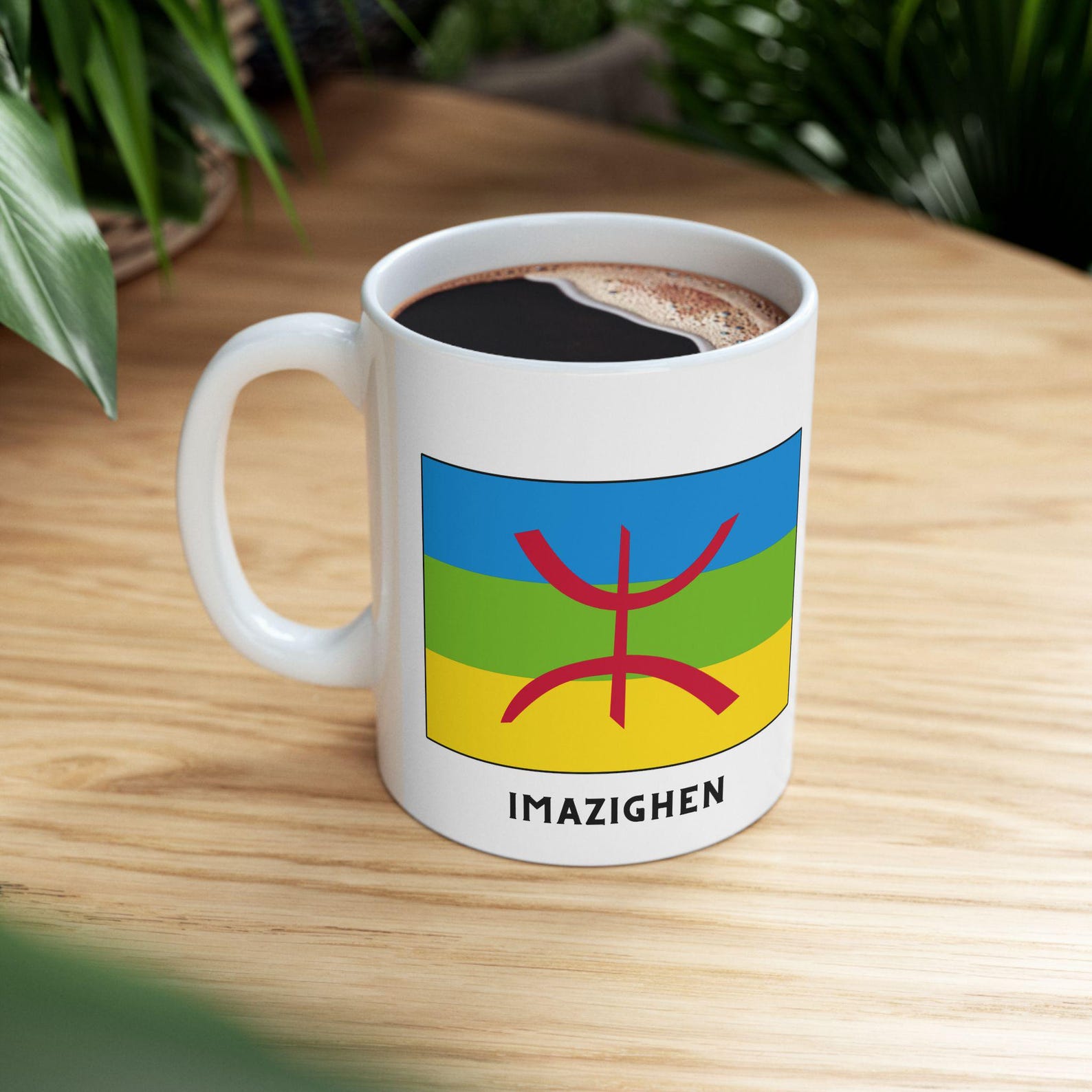 Berber Flag Tamazight White Ceramic Mug with Yaz Symbol