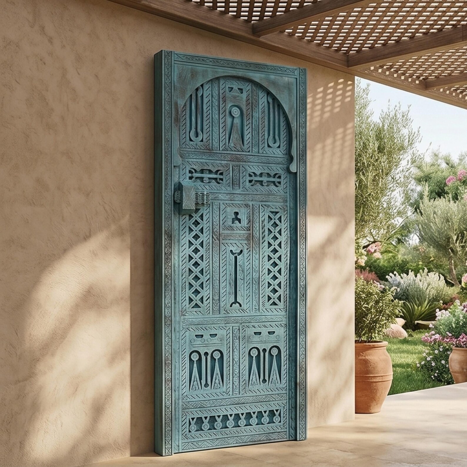 Berber Hand-Carved Turquoise Wooden Door Arched Entryway Rug