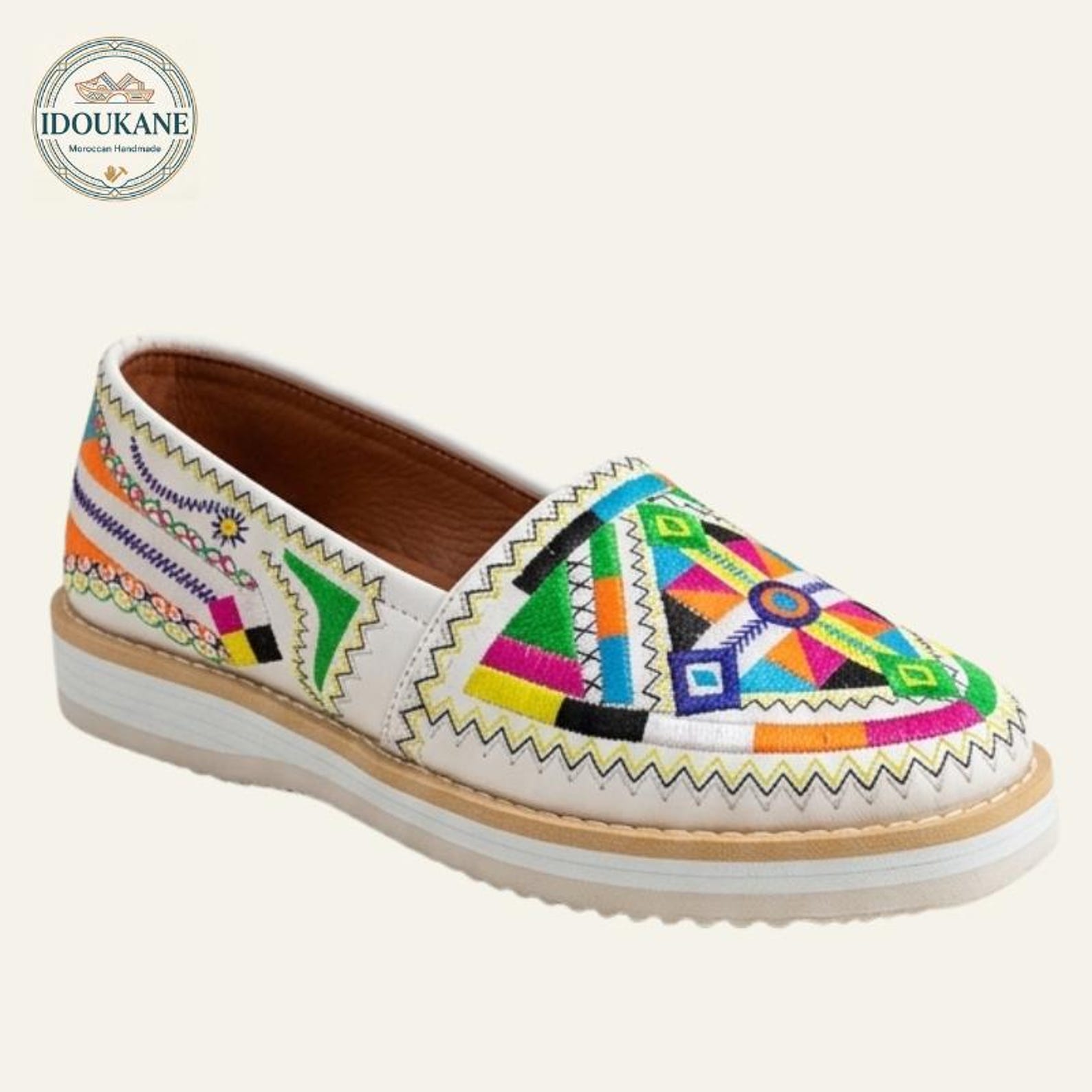 Amazigh White Handmade Leather Moccasin Shoes With Geometric Embroidery