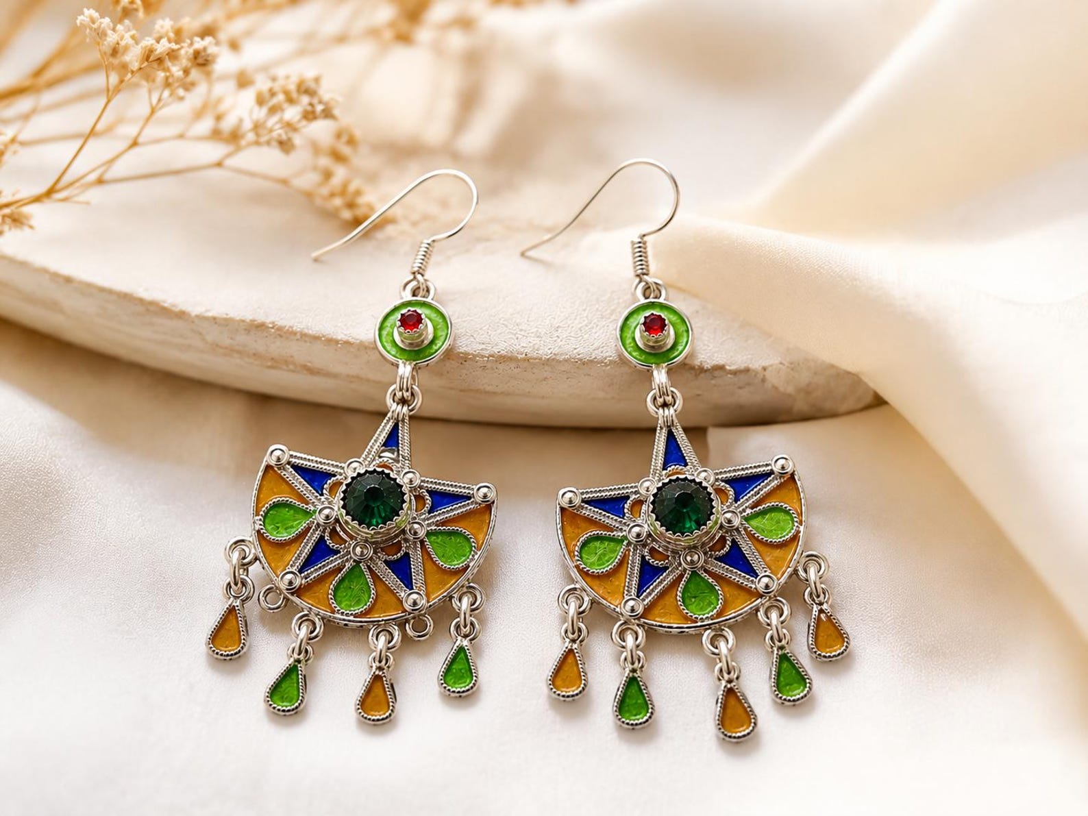 Berber Handmade 925 Sterling Silver Colorful Enamel Dangle Earrings