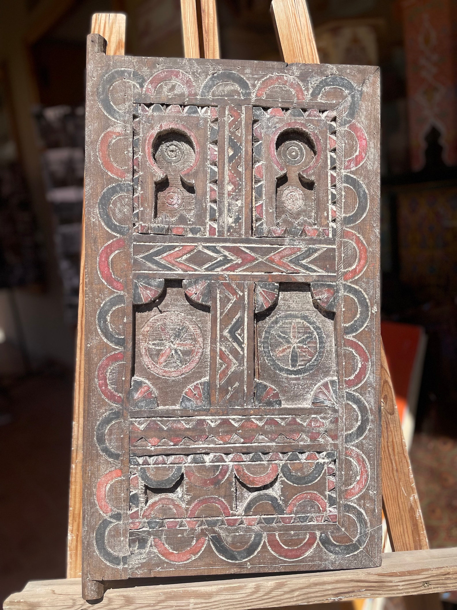 Antique Amazigh Berber Carved Wood Door Panel Wall Art