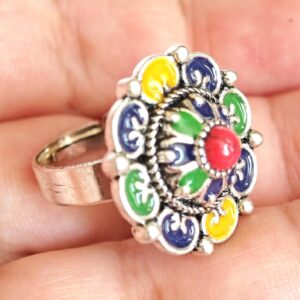 Amazigh Silver Tone Enameled Adjustable Flower métal Ring