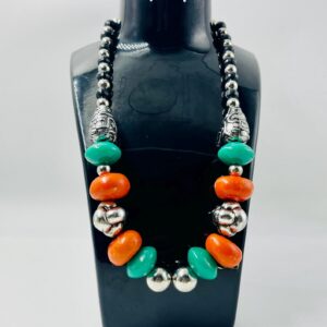 Amazigh Orange Green Resin Beads Silver Accents Necklace
