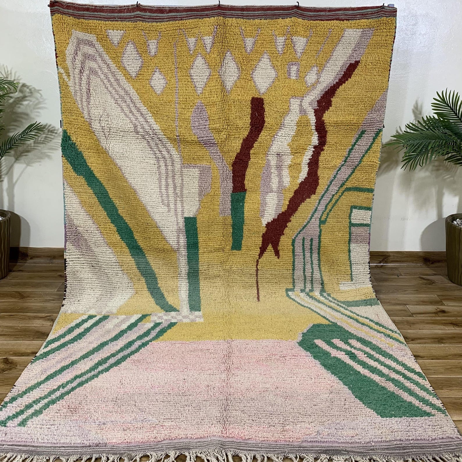 Amazigh Wool Mustard Yellow Cream Abstract Forest Green Rug