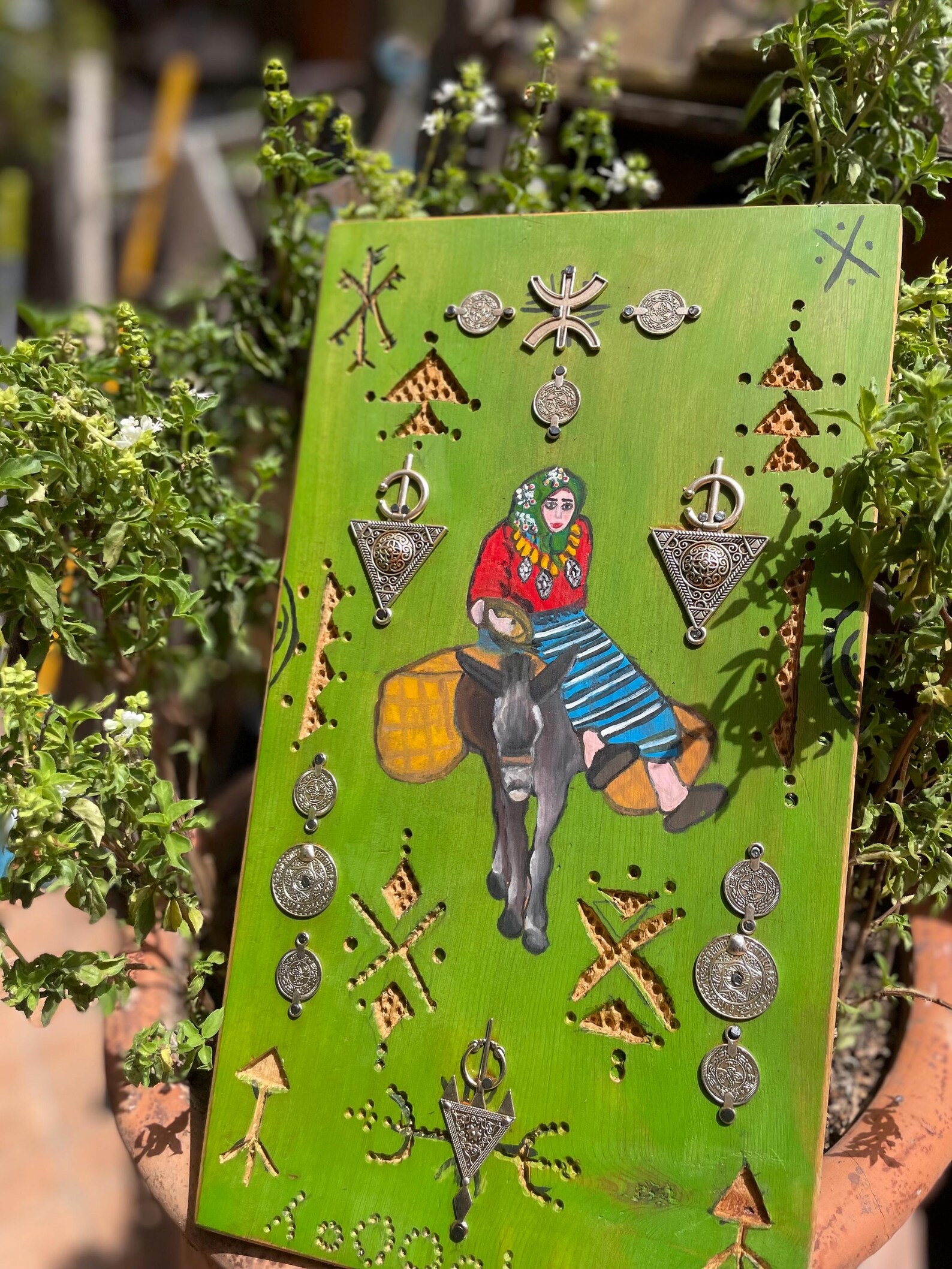 Berber Hand-Painted Wooden Donkey Market Scene Wall Art