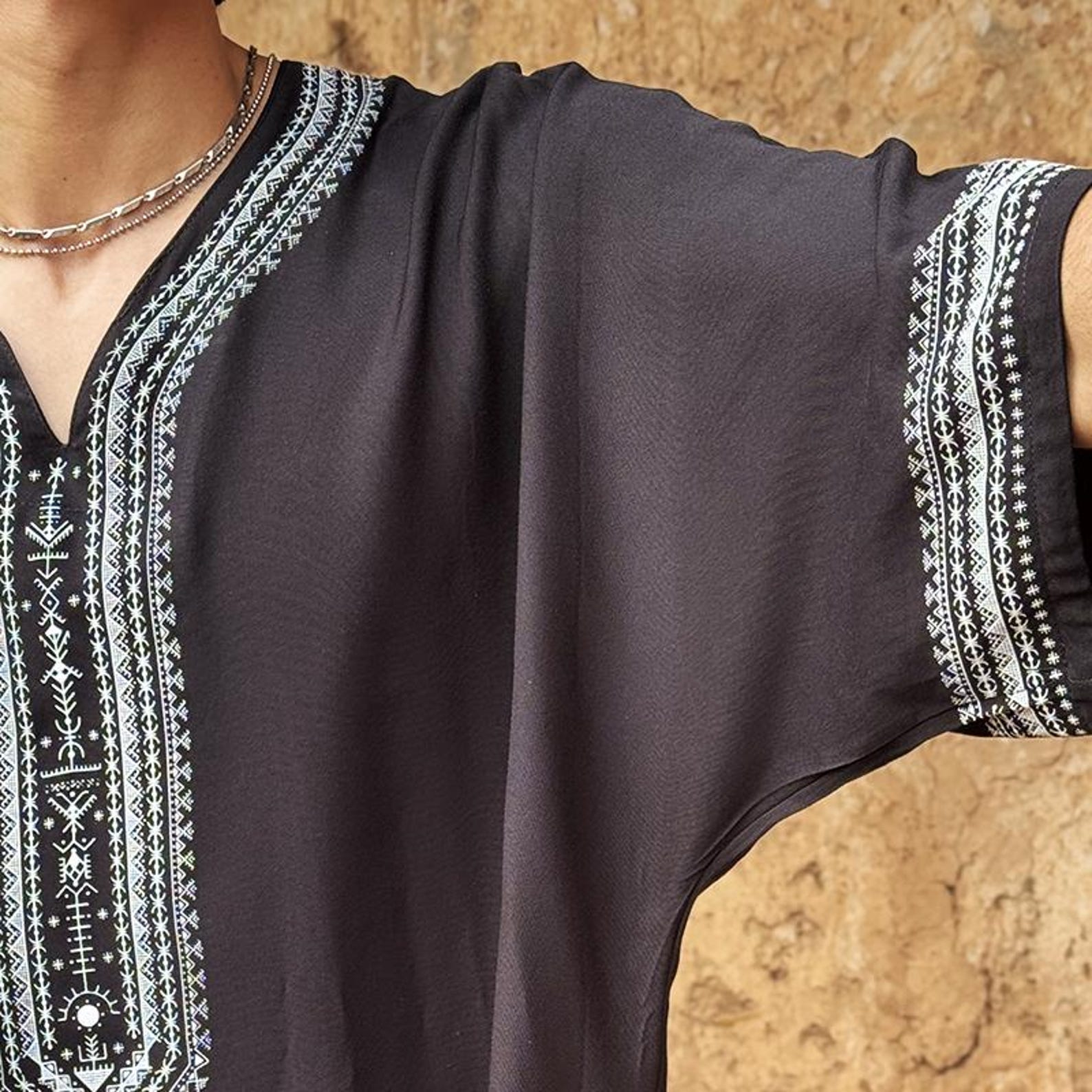 Berber Men Handmade Cotton Screen Printed Gandora Kaftan