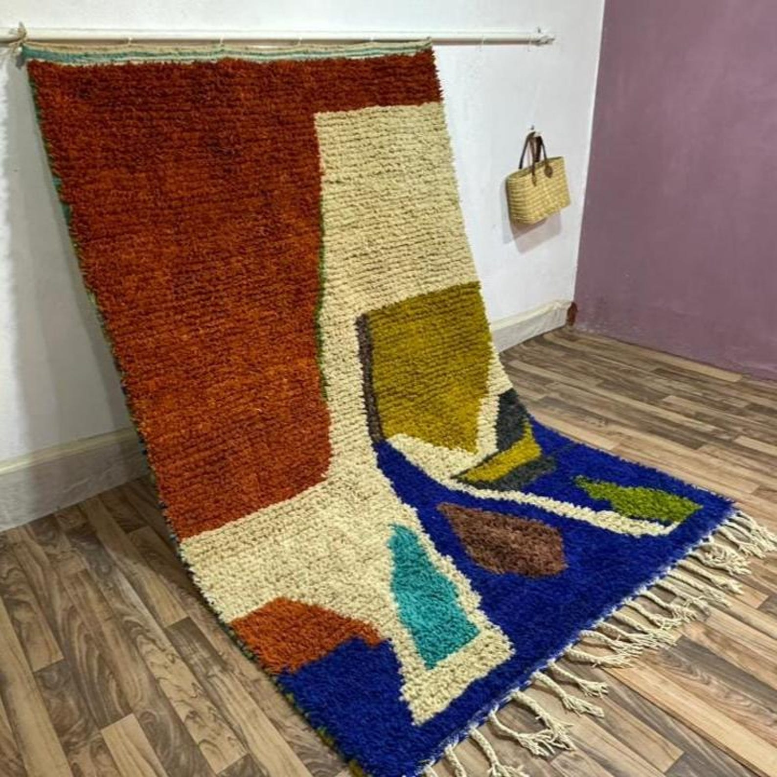 Amazigh Berber Terracotta Blue Handwoven Natural Wool Modern Rug