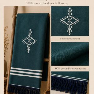 Amazigh Deep Teal Cotton Bedspread Handmade White Blanket