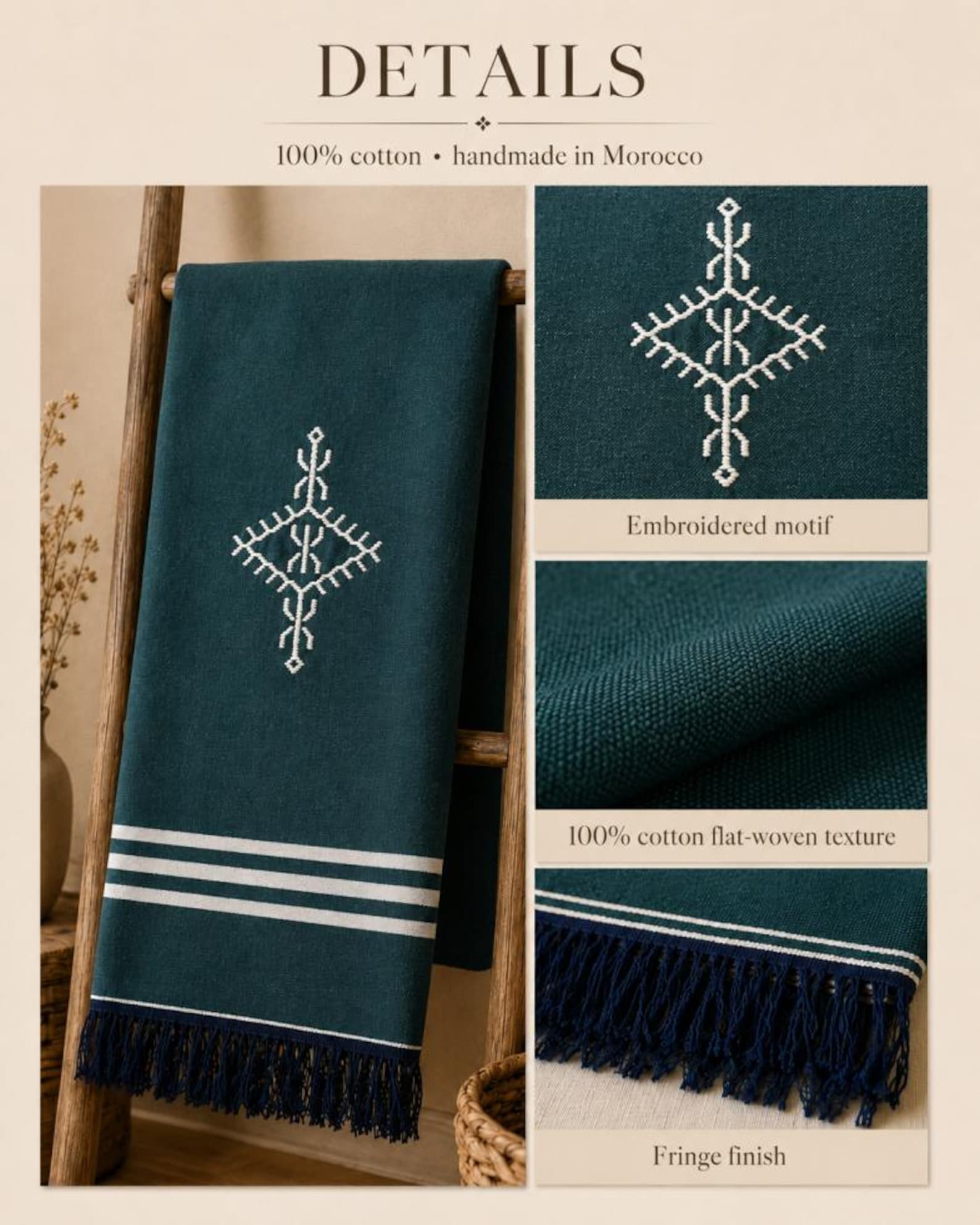 Amazigh Deep Teal Cotton Bedspread Handmade White Blanket