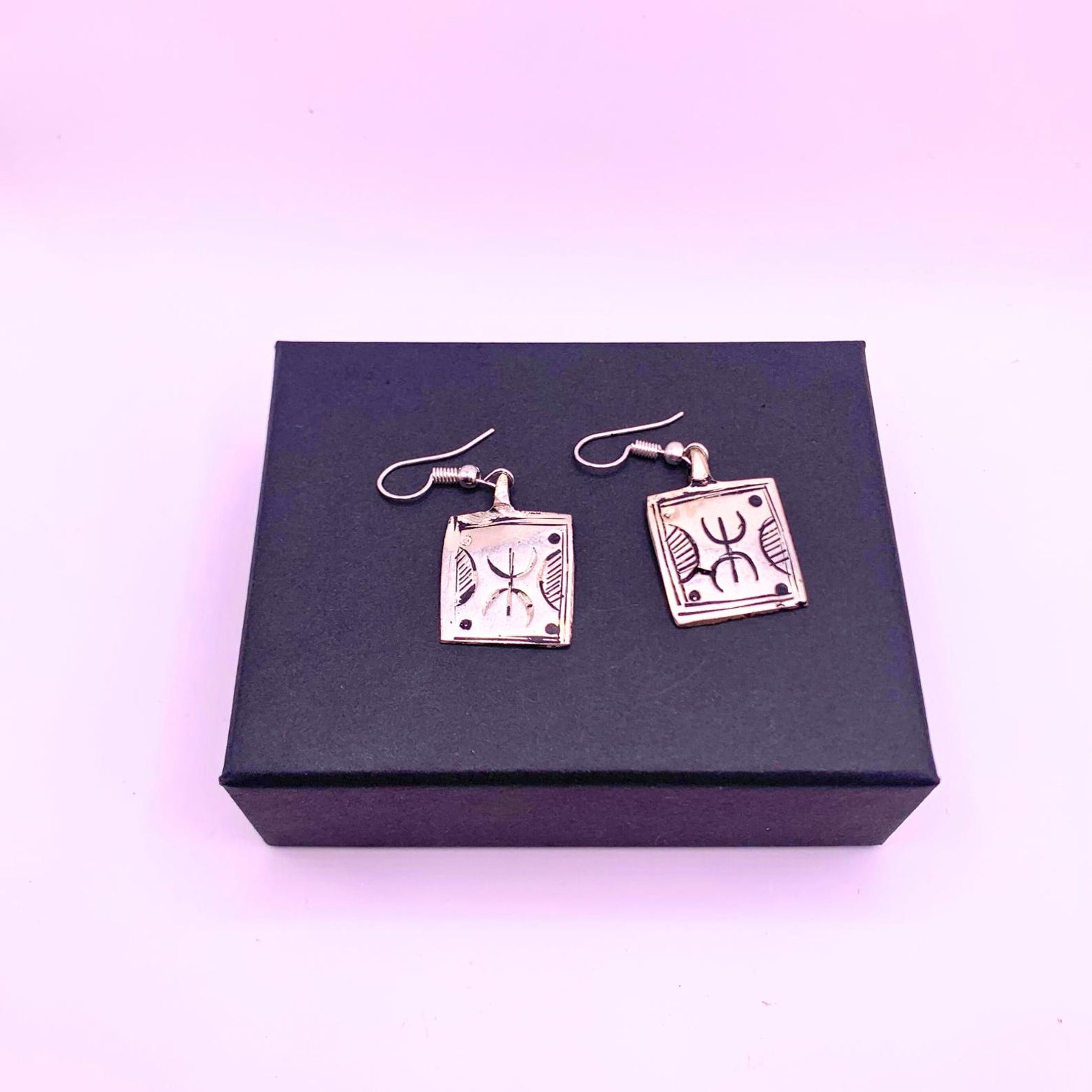Vintage Tuareg Amazigh Berber Yaz Silver-Tone Geometric Drop Earrings