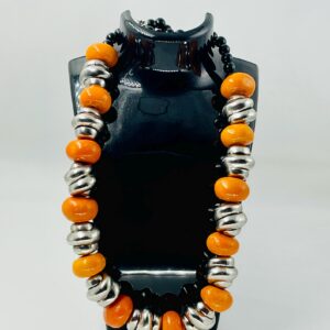 Amazigh Orange Resin Beads Silver-Tone Accents Bold Necklace