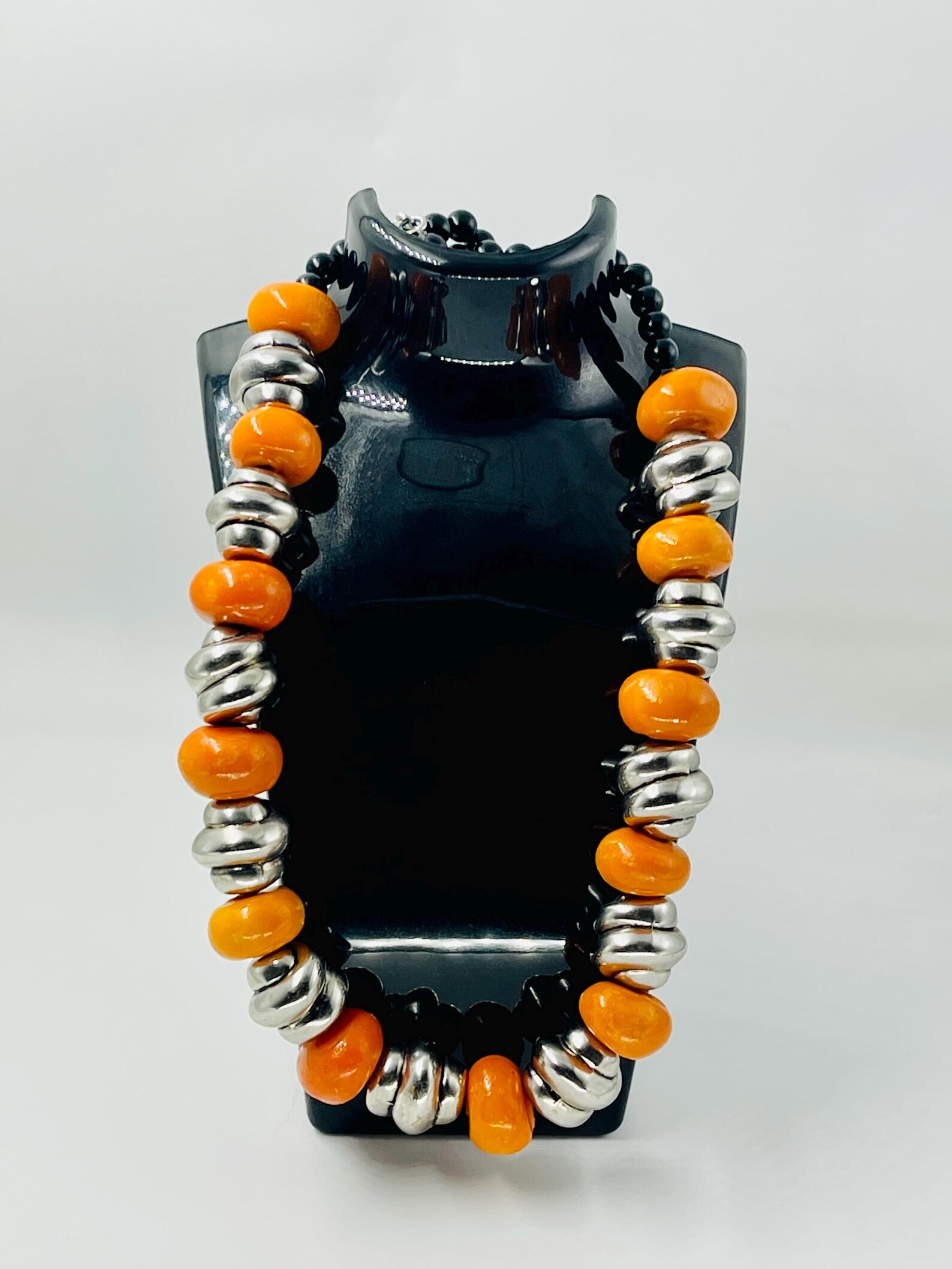 Amazigh Orange Resin Beads Silver-Tone Accents Bold Necklace