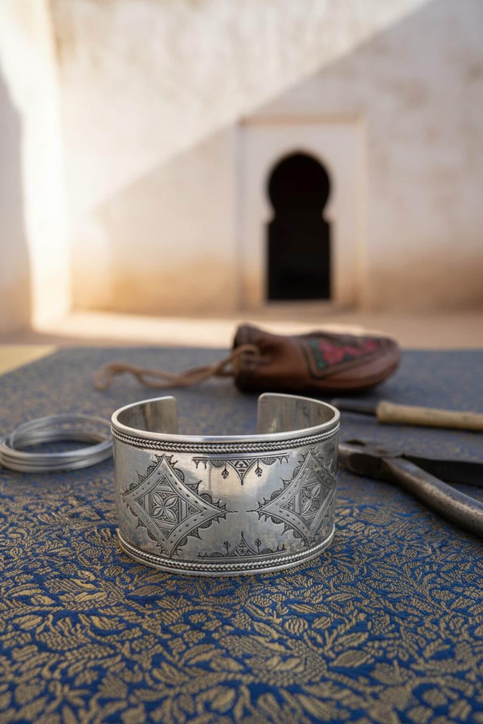 Berber Silver Cuff Handmade Traditional Engraved Wide Bracelet