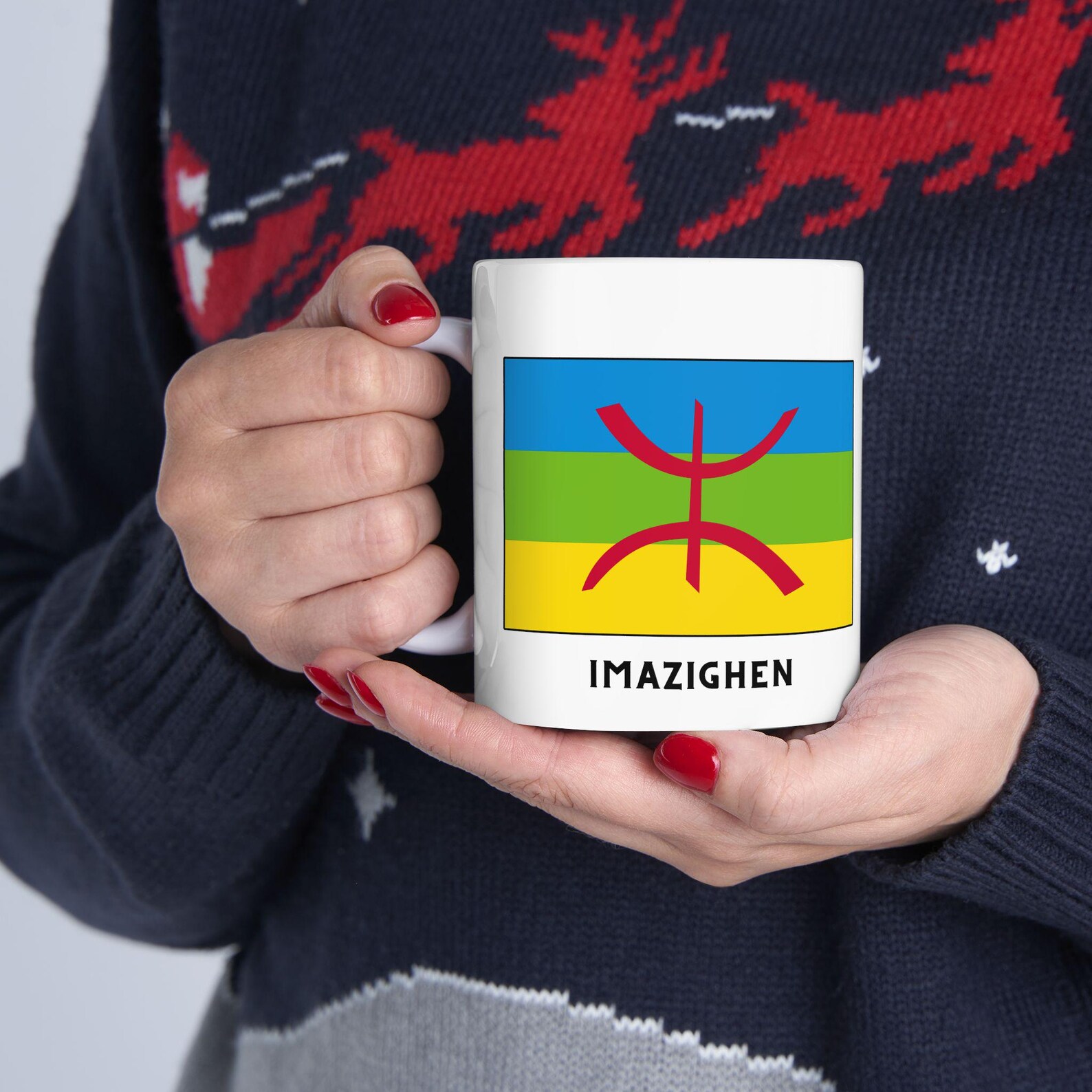 Berber Flag Tamazight White Ceramic Mug with Yaz Symbol