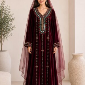 Amazigh Burgundy Velvet Crystal Embroidered Bridal Takchita Kaftan