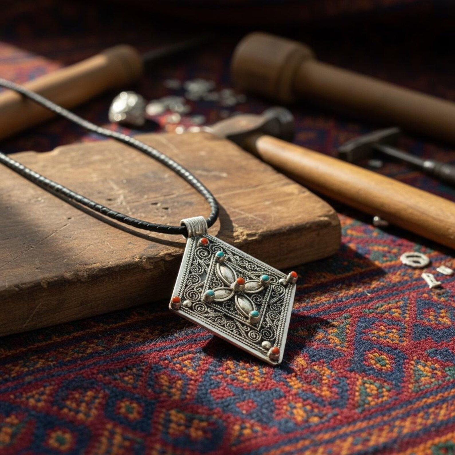 Amazigh Silver Pendant Coral Stone Handmade Jewelry Necklace