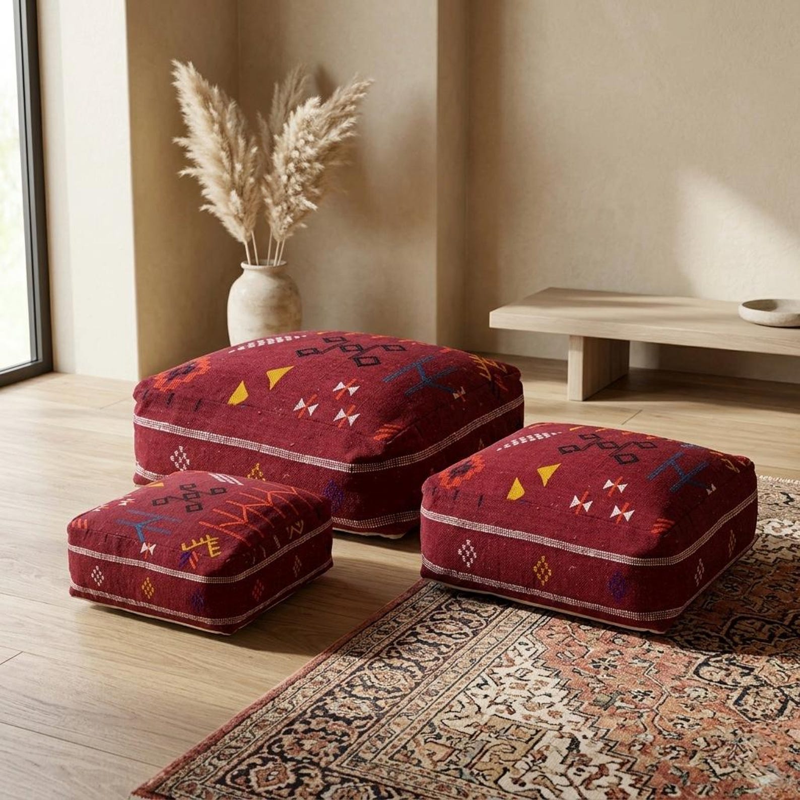 Berber Handmade Red Kilim Boho Square Floor Pouf