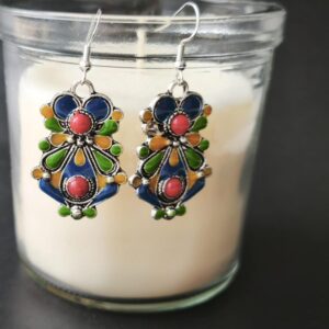 Handmade Amazigh Kabyle Traditional Coral Enamel Stainless Steel Drop Earrings
