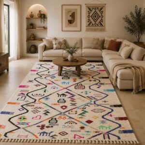 Berber Handmade Colorful Wool White Geometric Carpet Rug