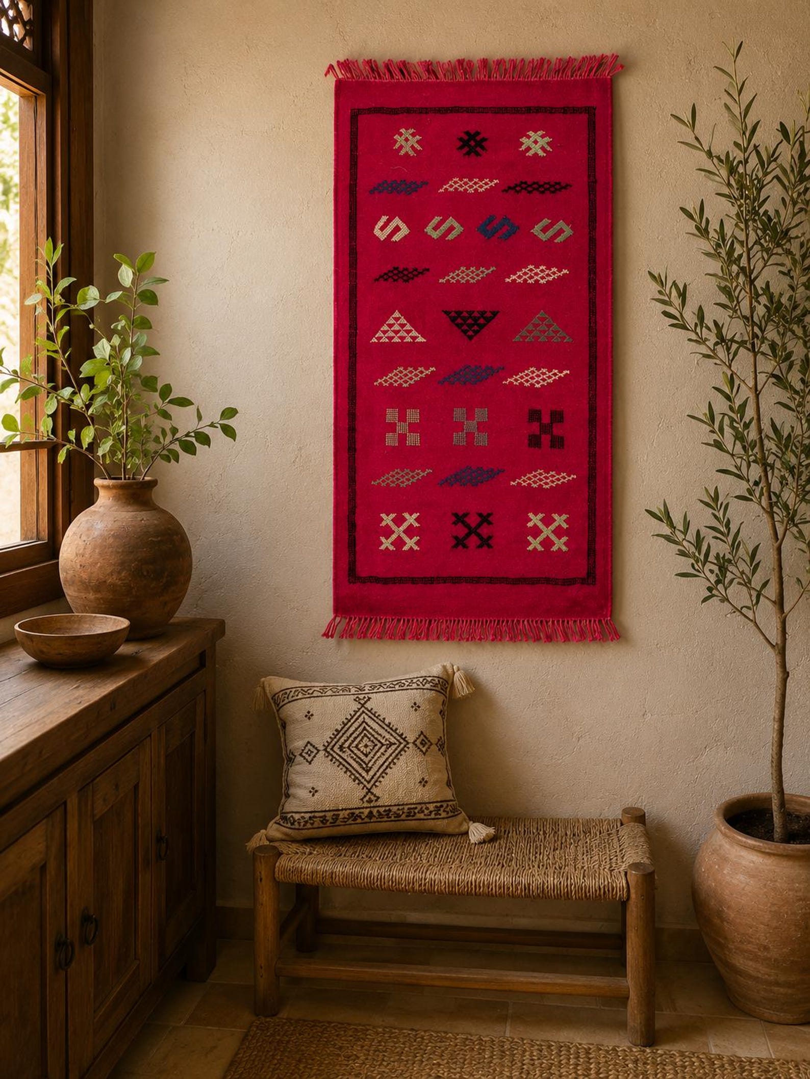 Amazigh Pink Cashmere Handmade Geometric Accent White Rug