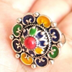 Amazigh Silver Tone Enameled Adjustable Flower métal Ring