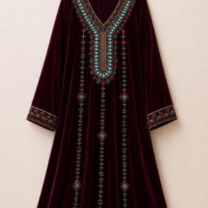 Amazigh Burgundy Velvet Crystal Embroidered Bridal Takchita Kaftan