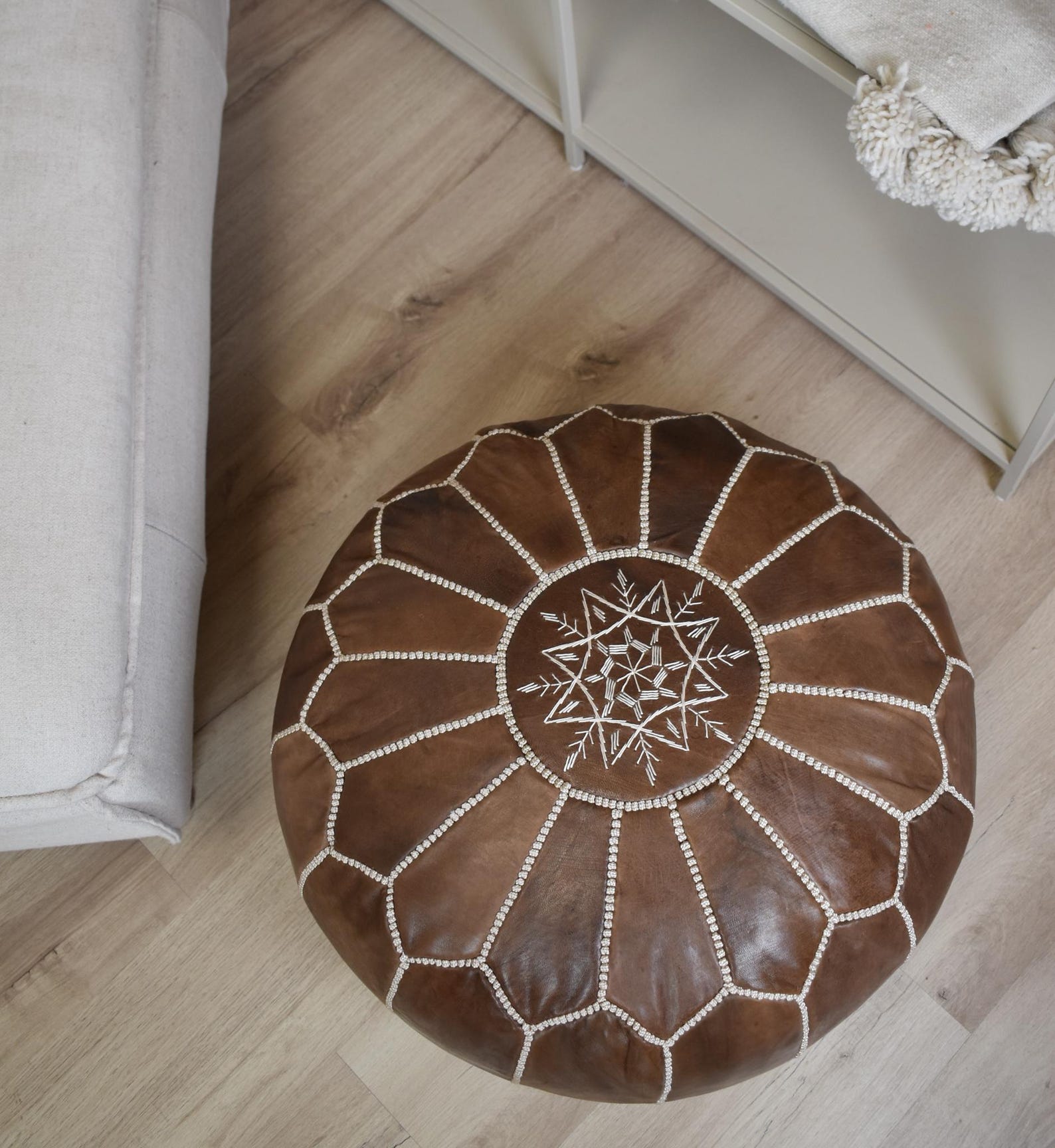 Amazigh Artisanal Leather Handmade Delivered stuffed Ottoman Pouf
