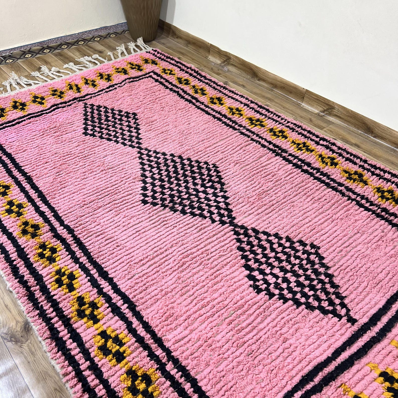Amazigh Pink Cream Black Geometric Diamond Wool Rug