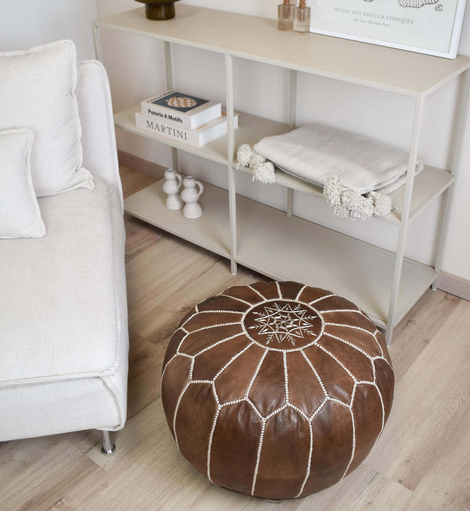 Amazigh Artisanal Leather Handmade Delivered stuffed Ottoman Pouf