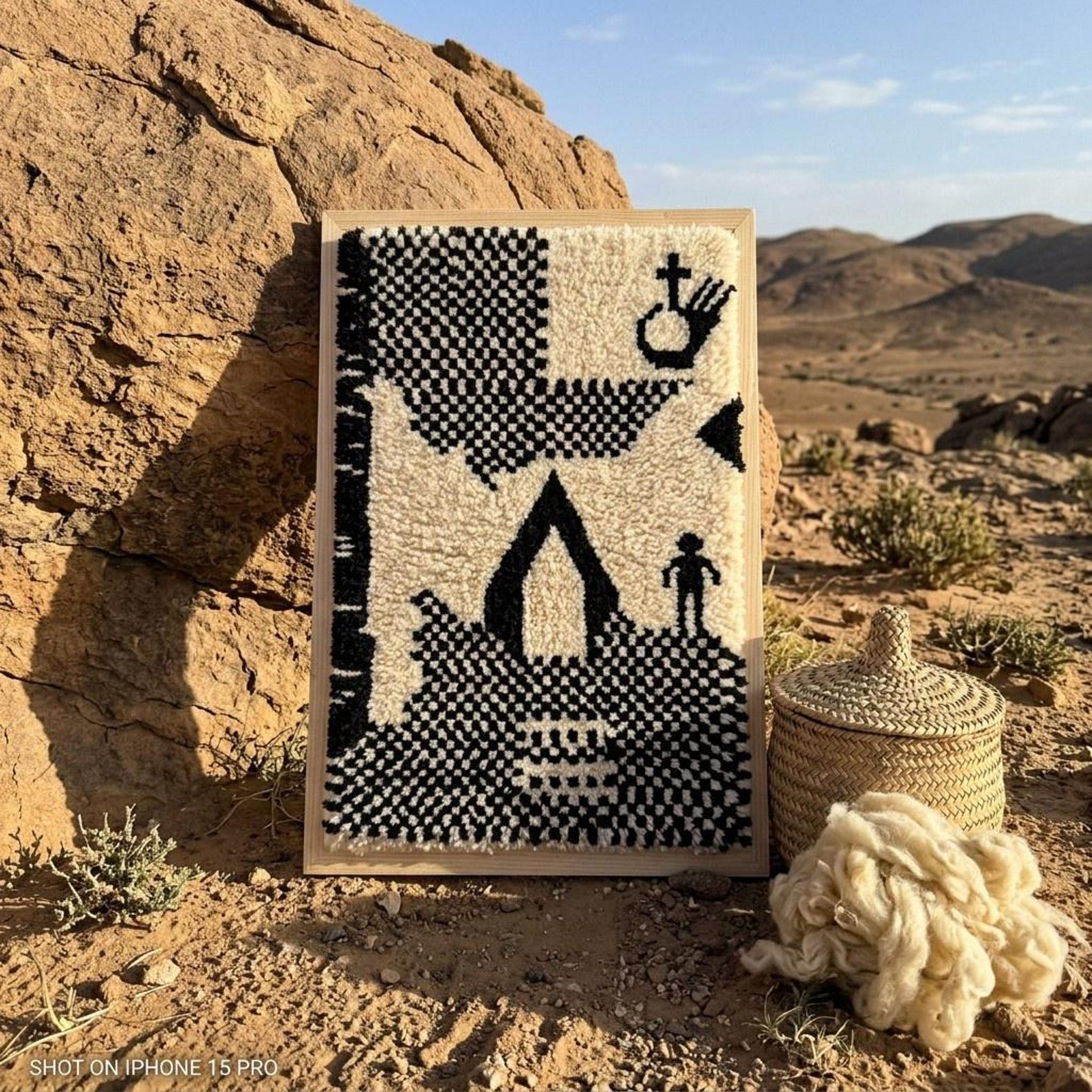Handwoven Amazigh Berber Wool Rug Wall Tapestry with Tuareg Yaz