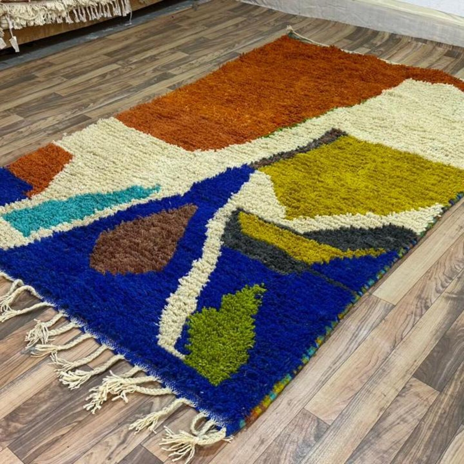 Amazigh Berber Terracotta Blue Handwoven Natural Wool Modern Rug