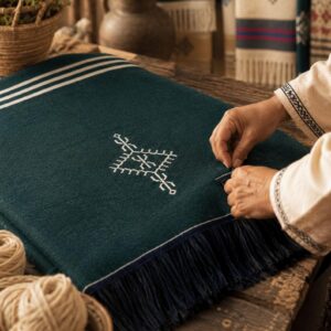 Amazigh Deep Teal Cotton Bedspread Handmade White Blanket