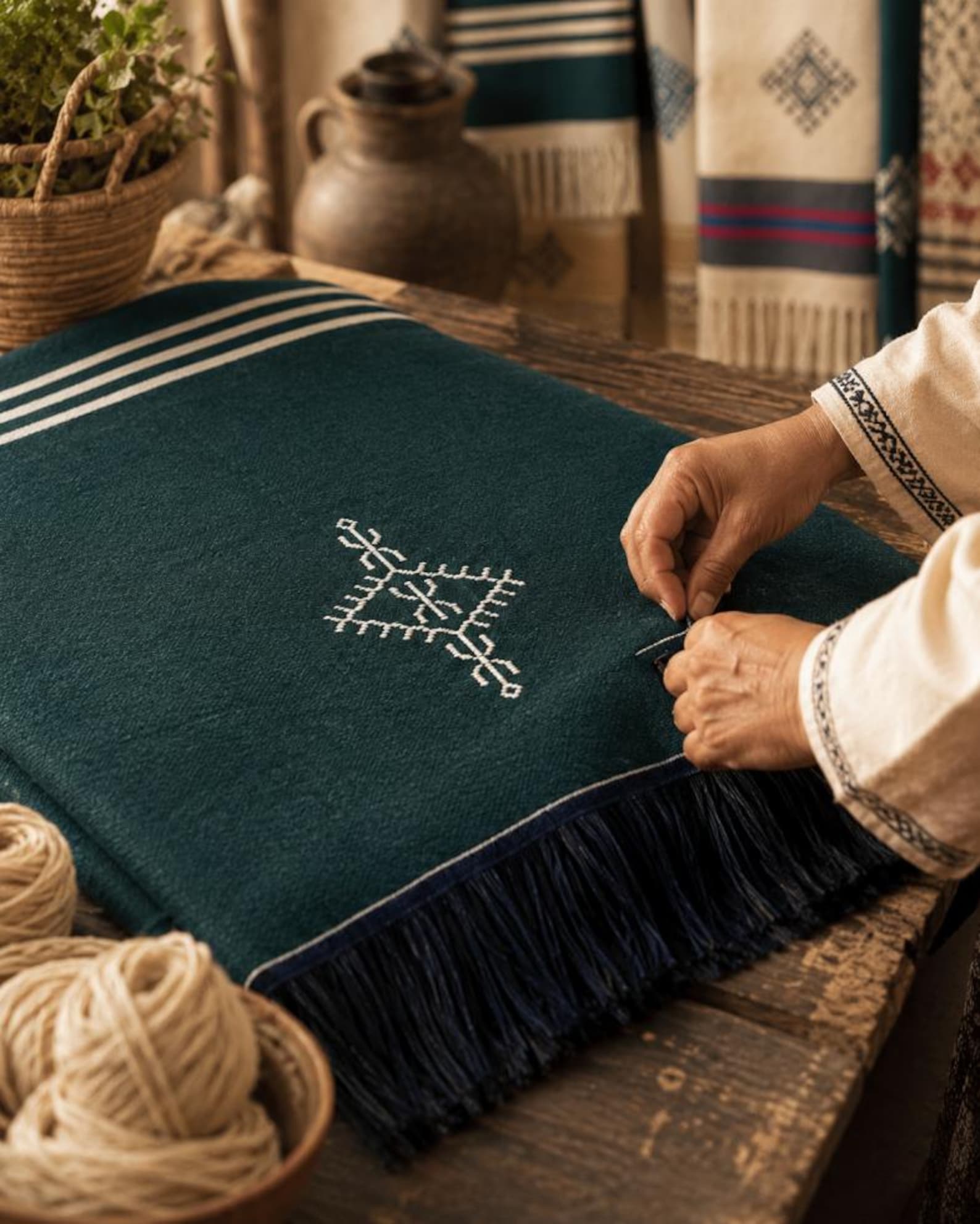 Amazigh Deep Teal Cotton Bedspread Handmade White Blanket