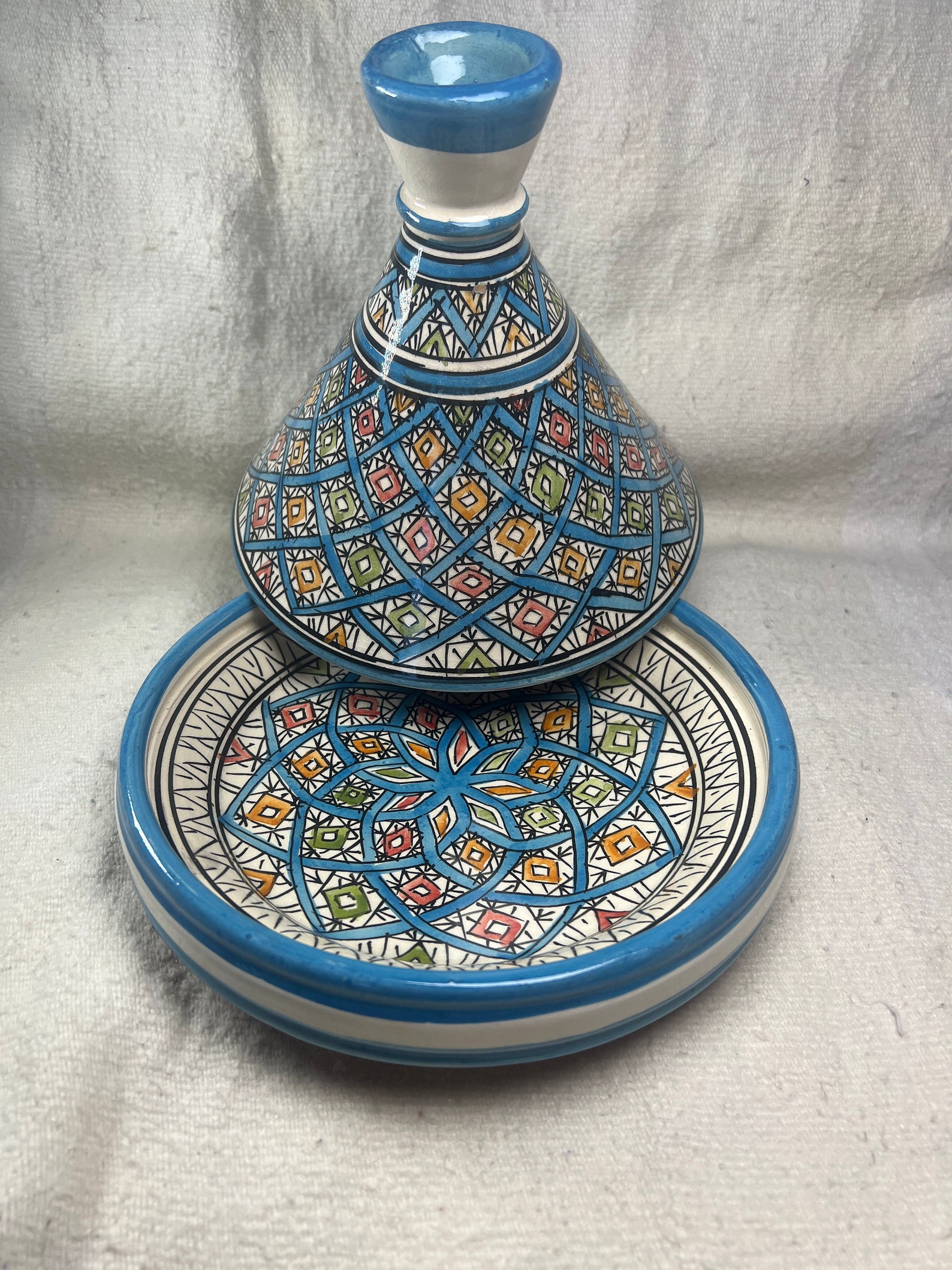 Amazigh handmade ceramic White Black tagine serving table